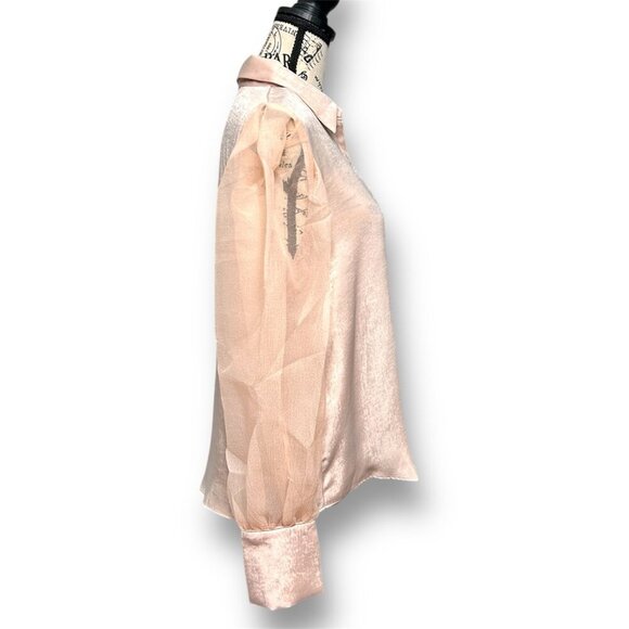Anthropologie Grey Lab S Pink Satin Semi-Sheer Blouse Mesh Puff Sleeves Feminine - Picture 3 of 9